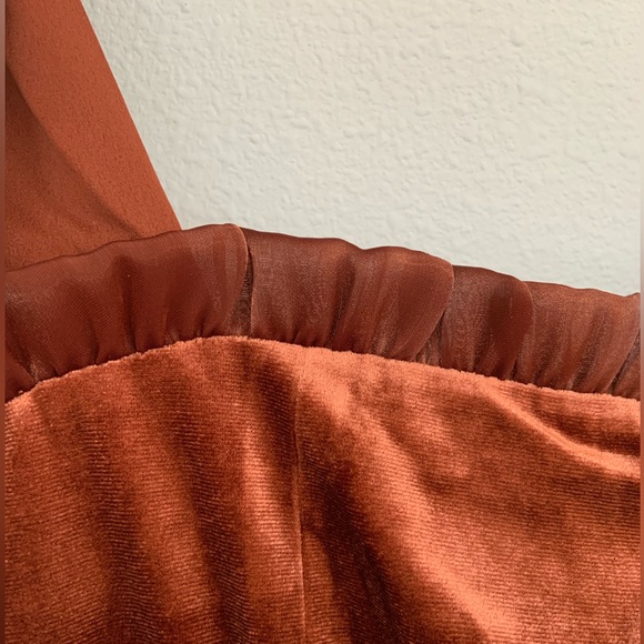 Danielle Bernstein • NWT Copper Velvet Shoulder Tie Mini Dress Ruffle Detail XS - Picture 5 of 10